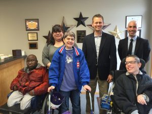 Xavier (person served), Niki (Team Leader), Dawn (person served), Representative Sosnowski, Steven (person served) and John (CEO) meeting with the Representative during spring break.